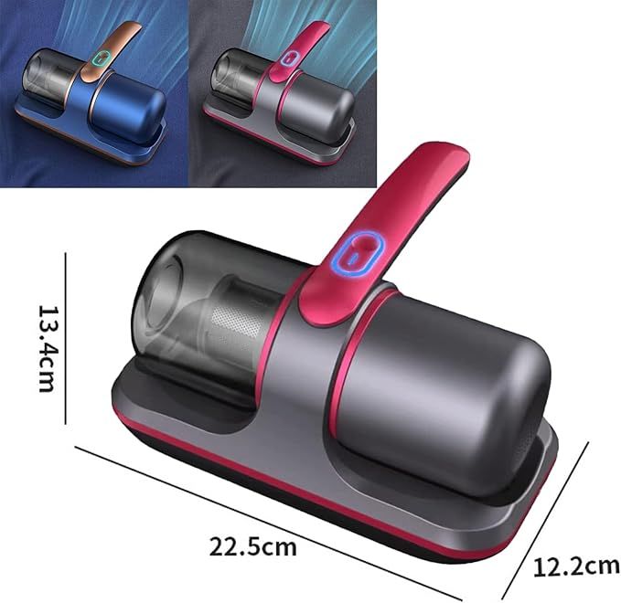 Gray and red handheld vacuum cleaner with dimensions displayed