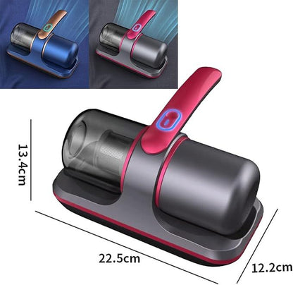 Gray and red handheld vacuum cleaner with dimensions displayed