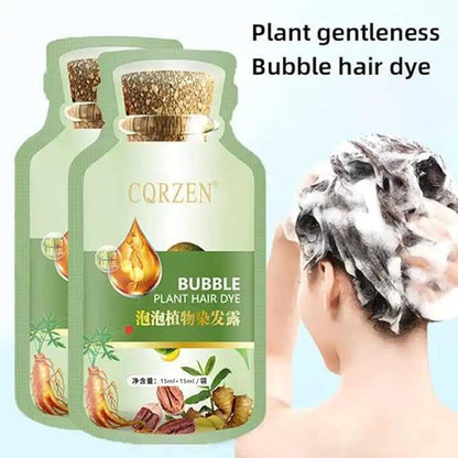 Plant-based bubble hair dye shampoo for gray hair coverage and scalp nourishment.