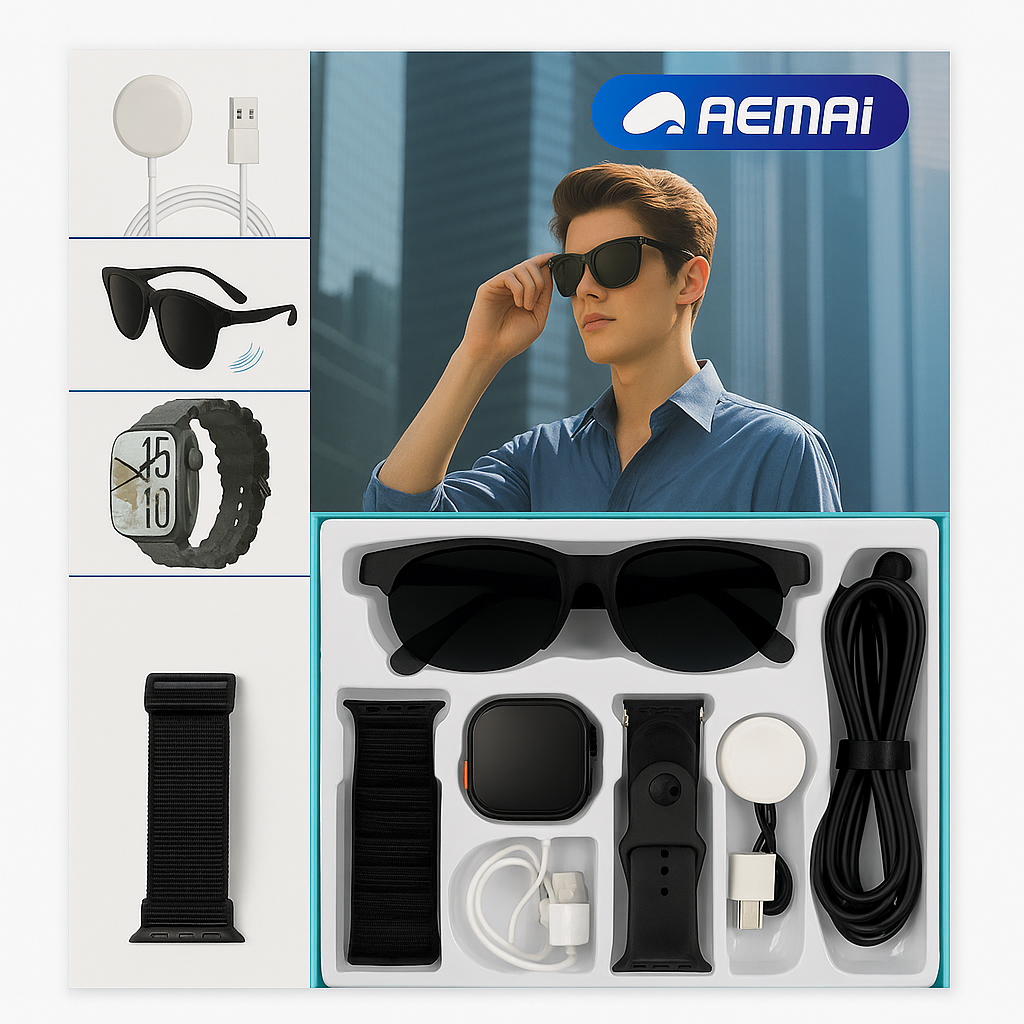 RM43 Smart Combo Set – Smartwatch + Sunglasses + Accessories (6-in-1 Kit)