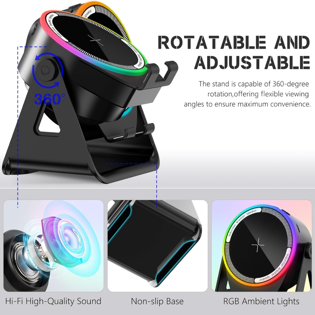 4-in-1 Wireless Induction Speaker with RGB Lights & Phone Stand | 360° Rotating Design