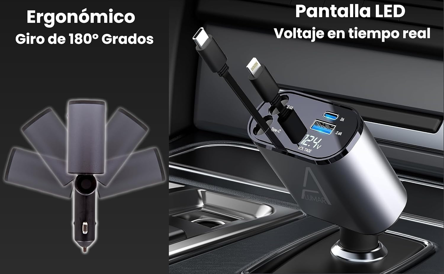 4 Fast Charging Ports with 80cm Retractable Cables