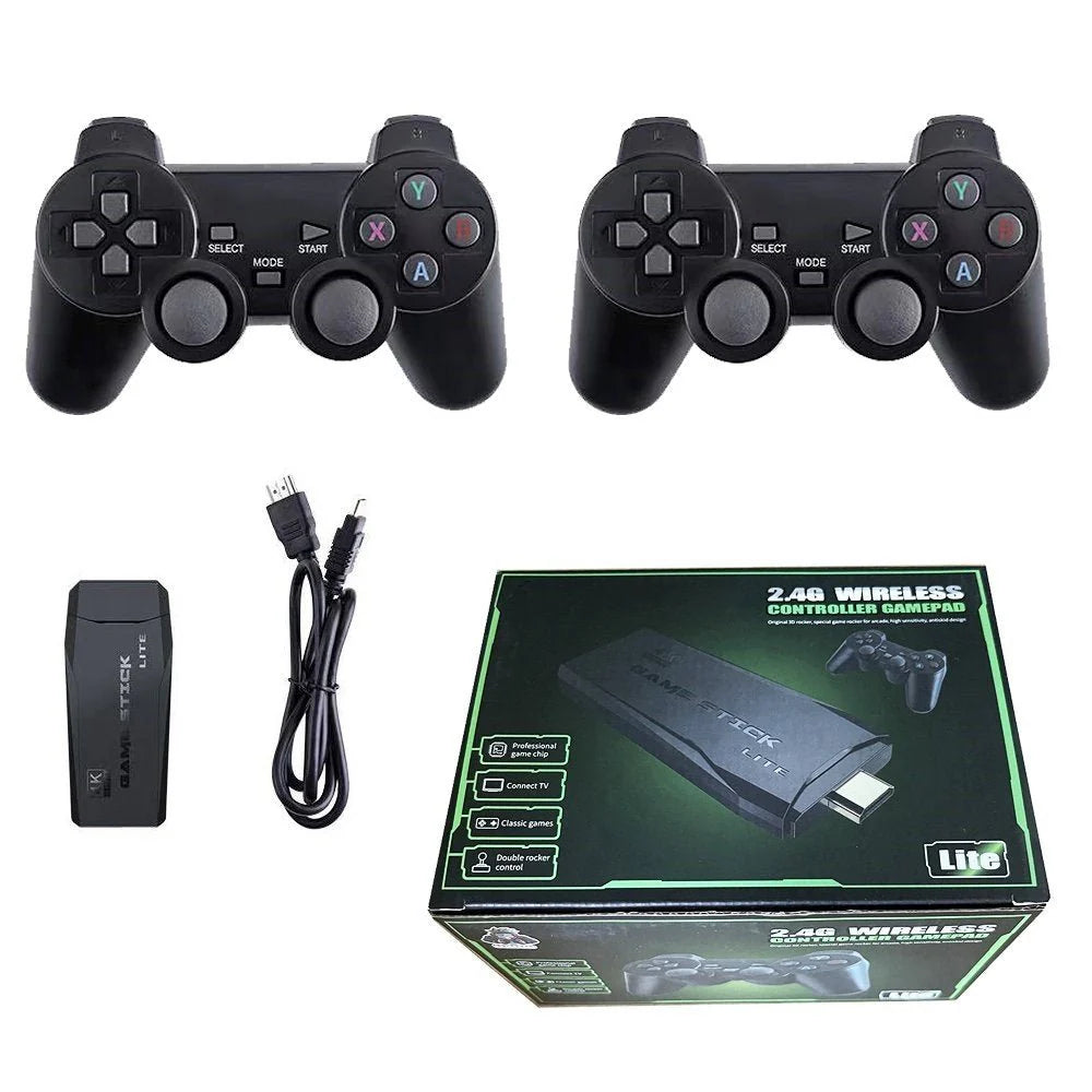 Two black gaming controllers, a USB receiver, and a box labeled '2.4G Wireless Controller Gamepad' on a white background.