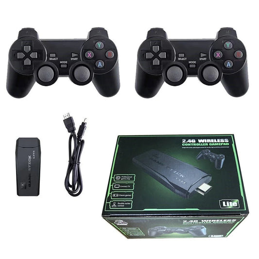 Two black gaming controllers, a USB receiver, and a box labeled '2.4G Wireless Controller Gamepad' on a white background.