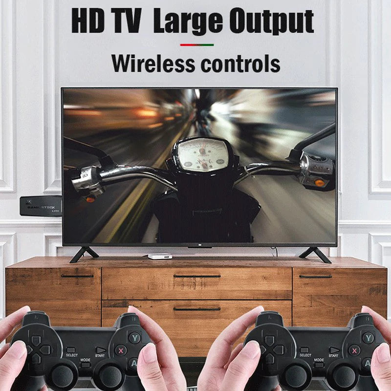TV displaying a motorcycle dashboard on a wooden stand with hands holding gaming controllers.