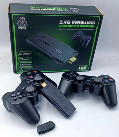 Wireless game controllers with a packaging box on a white background
